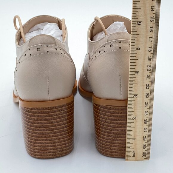 FOWT Beige Perforated Lace-Up Oxfords Almond Toe Mid Chunky Heel Brogues Shoes - Picture 4 of 6